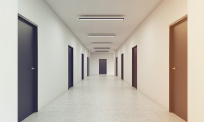 Long corridor with closed black doors, toned