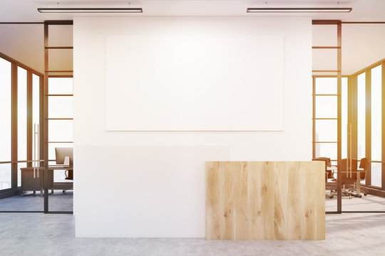 Office lobby with blank poster and two conference rooms by its s