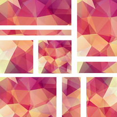 Vector banners set with polygonal abstract triangles. Abstract polygonal low poly banners. Pink, orange, purple, brown colors