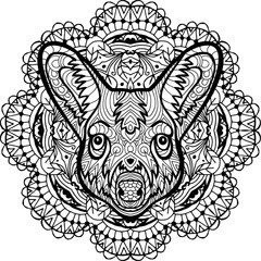 Painted kangaroo on a background of circular pattern. Coloring page