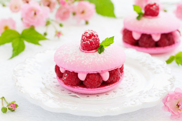 Obraz na płótnie Canvas French makarons cake with raspberries.