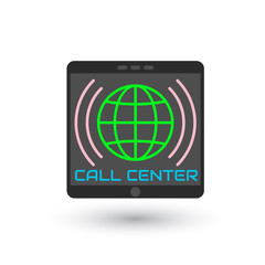 Icon call center in flat style. Logo colored Globe inside vertical mobile tablet, with sound waves. Icon smartphone isolated on white background. Vector