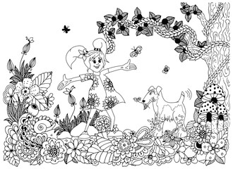 Vector illustration Zen tnagl, girl and dog in flowers. Doodle drawing. Coloring book anti stress for adults. Black and white.