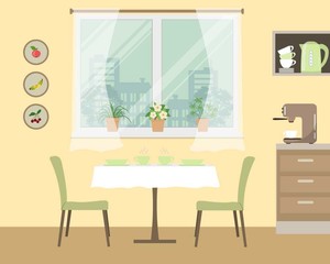 Kitchen vector illustration. There is a table, two green chairs, shelves, a window with flowers and other objects in the image. There are also pictures with fruits on the wall