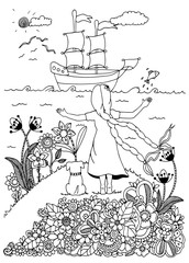 Vector illustration zentangl, girl and dog meet the ship. Doodle drawing. Coloring book anti stress for adults. Black and white.
