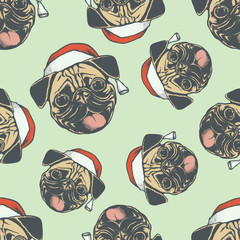 Christmas Pug dog vector seamless pattern illustration
