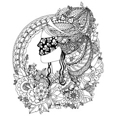 Vector illustration zentangl, printsssa woman in the floral round frame. Doodle. Coloring book anti stress for adults. Black and white.
