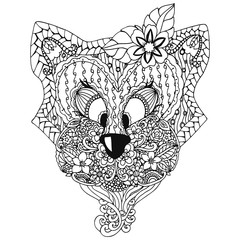 Vector illustration zentangl, a cat with an ornament Doodle floral drawing. A meditative exercises. Coloring book anti stress for adults. Black and white.