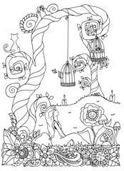 Vector illustration zentangl girl sitting near a tree. Flower frame. Doodle drawing. Meditative exercises. Coloring book anti stress for adults. Black and white.