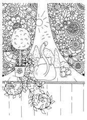 Vector illustration zentangl cat and curtains. Flower frame. Doodle drawing. Meditative exercises. Coloring book anti stress for adults. Black and white.