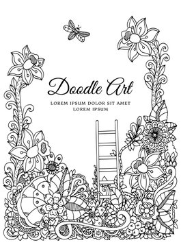 Vector illustration zentangl, floral frame. Doodle drawing. Coloring book anti stress for adults. Meditative exercises. Black and white.