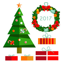 Naklejka premium Christmas tree&nbsp;with gifts&nbsp;2017 on background.