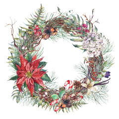 Fototapeta na wymiar Vintage Christmas Wreath, New Year Decoration 