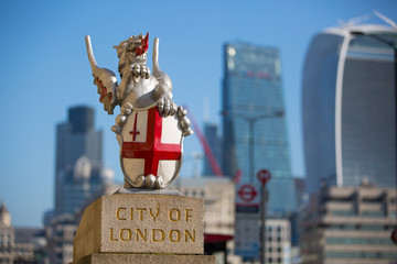 Naklejka na ściany i meble City of London modern business aria view from the London Bridge. 
