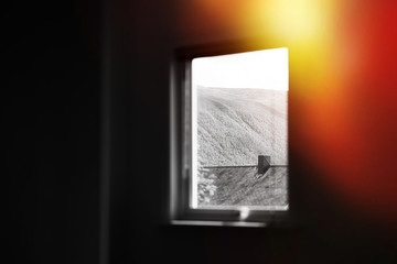 Black and white window with light leak backdrop