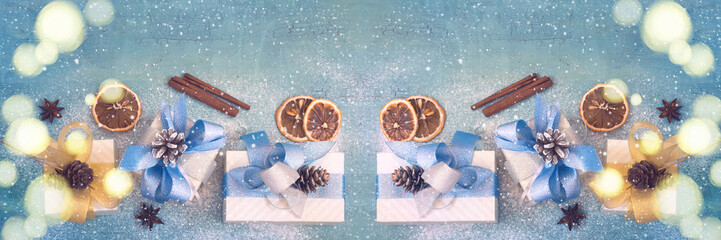 Vintage Holiday background with New Year's gifts, tinted