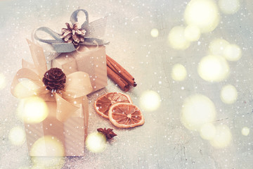 Festive background with christmas gifts, tinted