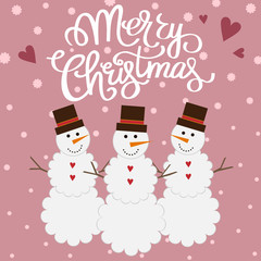 background with a cheerful snowman on a pink background. Snowman with a hat on his head, hands-branches, the nose - carrot. Background of snowflakes with hearts. Christmas card