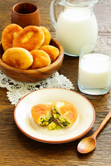 Homemade cakes with egg and onion. Russian kitchen.