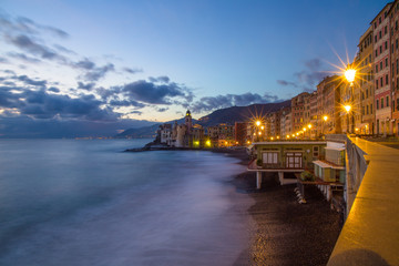 Fototapeta premium Beautiful Small Mediterranean Town at the evening time with illumination - Camogli (Genoa), Italy, European travel