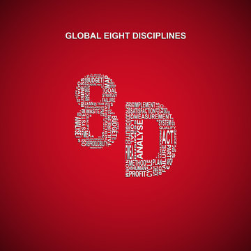 Global eight disciplines typography background. Dark background with main title 8D filled by other words related with global eight disciplines method