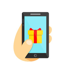 Gift in smartphone concept. Phone in hand. Vector flat illustration icon. Isolated on white background