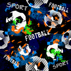 Abstract seamless pattern for boys. Football pattern. Grunge urban pattern with football ball. Sport wallpaper on black background with multicolor spots. Repeated sport pattern.