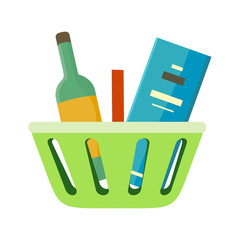 Shopping Basket with Goods Vector Illustration.