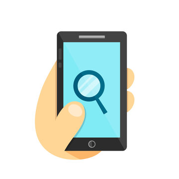 magnifier in smartphone concept. Phone in hand. Vector flat illustration icon. Isolated on white background