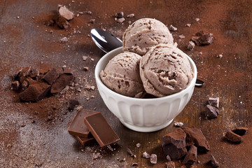 Chocolate ice cream scoops in the white bowl.