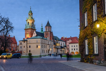 The Cathedral in Wawel castle, night view, Krakow city, Poland.
