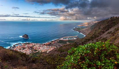 Aerial view of Roque de Garachico and Garachico town, Tenerife, Canary Islands, Spain