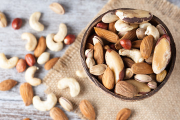 Healthy mix nuts on wooden background. Almonds, hazelnuts, cashews, peanuts, brazilian nuts