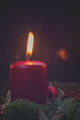 Evergreen fir tree with red burning candle, retro toned