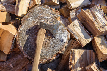 Firewood chopped with an ax.
