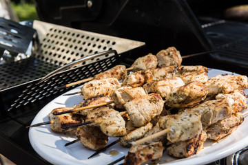 Chicken skewers on a white plate after grilling (Souvlaki)