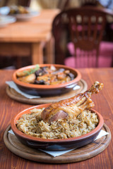 Turkey drumstick and cooked cabbage