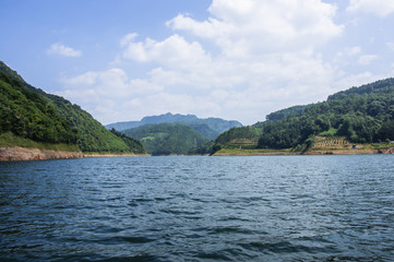 The lake and mountains scenery with blue sky