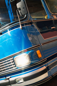 Part of blue old retro bus.