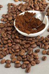 ground coffee in a white cup on a gray background