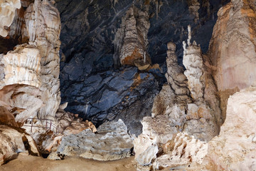 Stalagmites and stalactite in Phupaphet Cave, Satun south of Thailand.