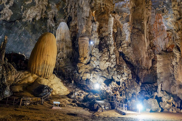 Fototapeta premium Stalagmites and stalactite in Phupaphet Cave, Satun south of Thailand.