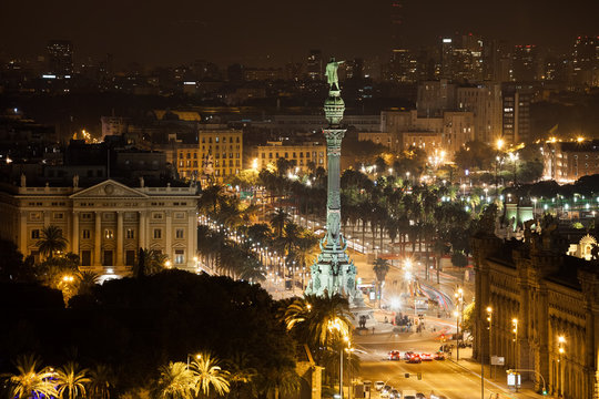 Barcelona Cityscape and Columbus Monument by Night