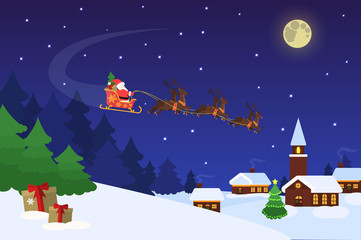 Christmas landscape with Santa Claus flying on a sleigh