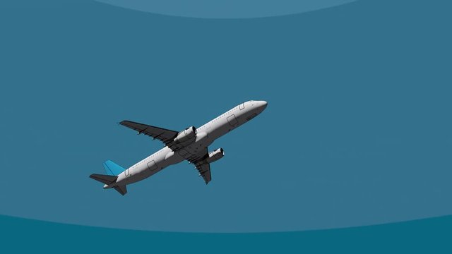 Commercial airliner climbing up in the sky 4K 3D cartoon animation. Leaving, freedom, travel concepts