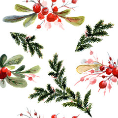 Watercolor Christmas seamless pattern with berry and christmas-tree.
