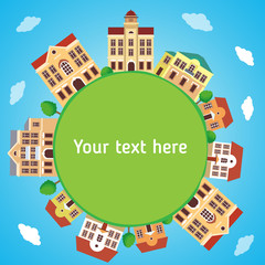 Round Panoramic Town In European Style With Frame Background. Сolorful Houses Vector Cartoon Illustration. Panorama Townhouse. Panoramic View.