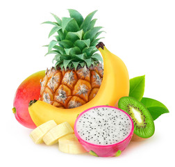 Fototapeta na wymiar Isolated tropical fruits. Pineapple, banana, kiwi, dragon fruit and mango isolated on white background with clipping path