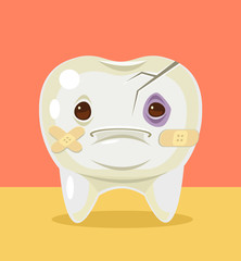 Sick broken tooth character. Vector flat cartoon illustration