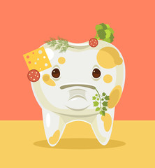 Dirty tooth character with food. Vector flat cartoon illustration